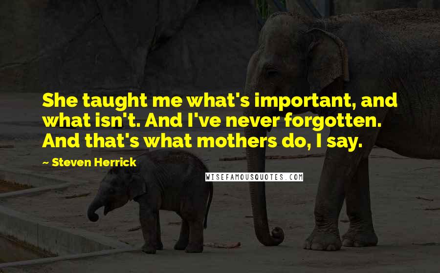 Steven Herrick Quotes: She taught me what's important, and what isn't. And I've never forgotten. And that's what mothers do, I say.