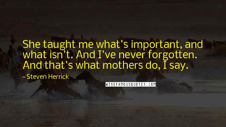 Steven Herrick Quotes: She taught me what's important, and what isn't. And I've never forgotten. And that's what mothers do, I say.