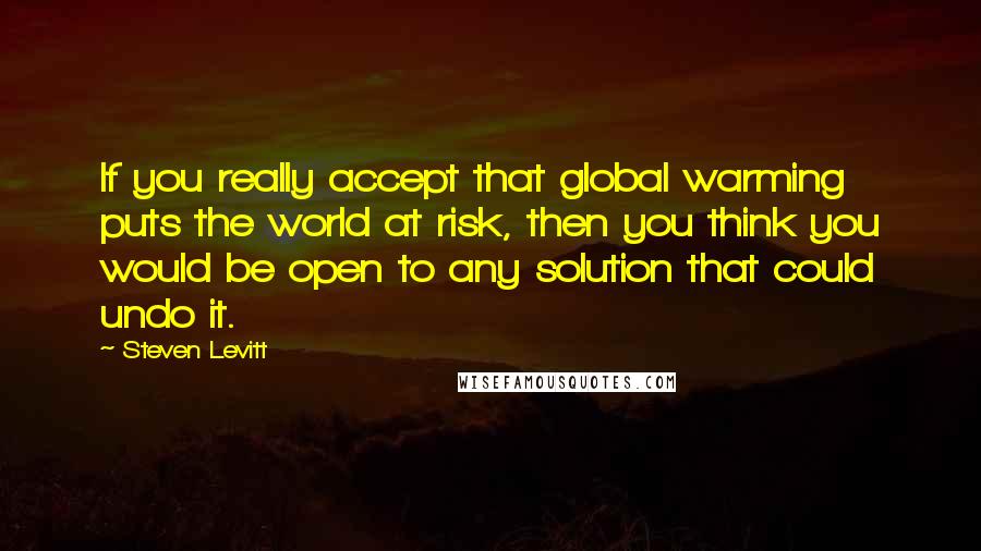 Steven Levitt Quotes: If you really accept that global warming puts the world at risk, then you think you would be open to any solution that could undo it.