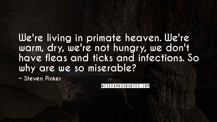 Steven Pinker Quotes: We're living in primate heaven. We're warm, dry, we're not hungry, we don't have fleas and ticks and infections. So why are we so miserable?