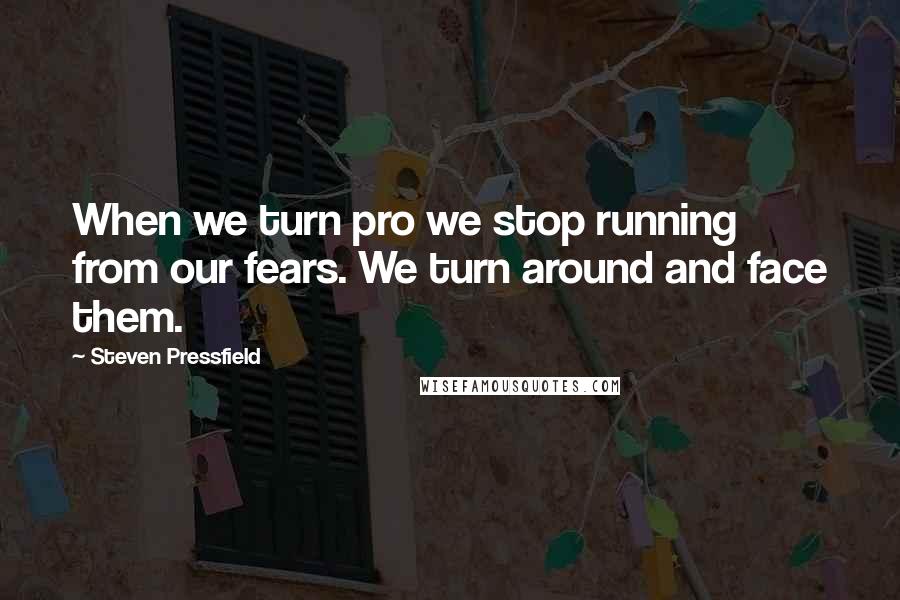 Steven Pressfield Quotes: When we turn pro we stop running from our fears. We turn around and face them.