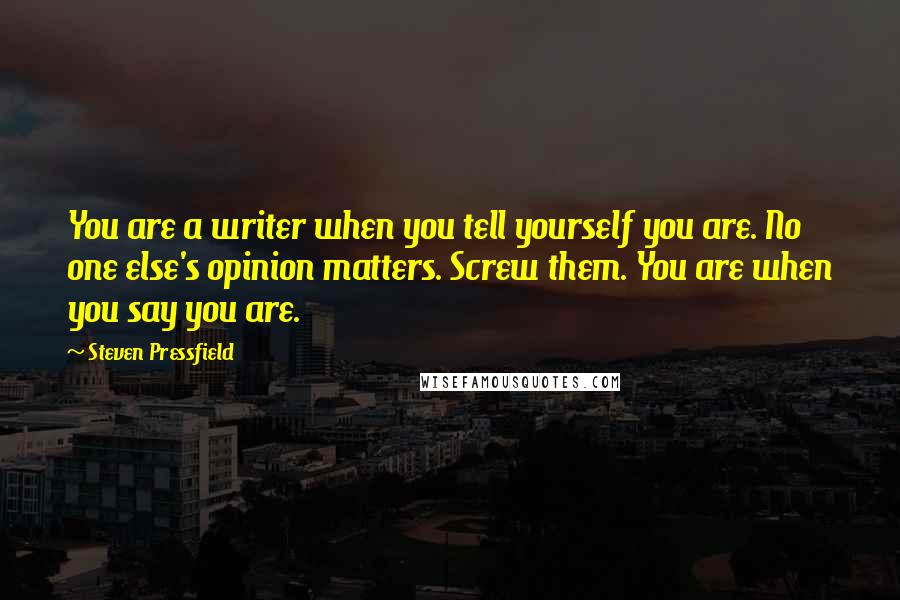 Steven Pressfield Quotes: You are a writer when you tell yourself you are. No one else's opinion matters. Screw them. You are when you say you are.