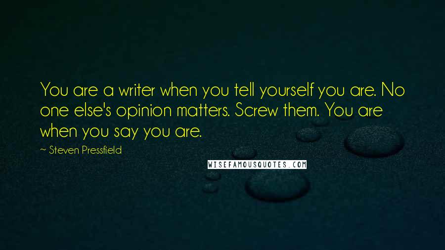 Steven Pressfield Quotes: You are a writer when you tell yourself you are. No one else's opinion matters. Screw them. You are when you say you are.