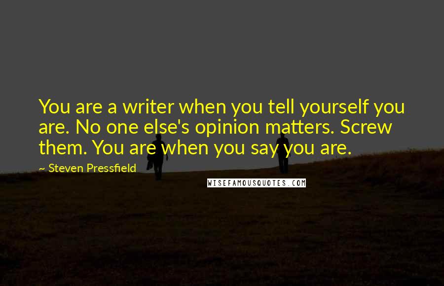 Steven Pressfield Quotes: You are a writer when you tell yourself you are. No one else's opinion matters. Screw them. You are when you say you are.