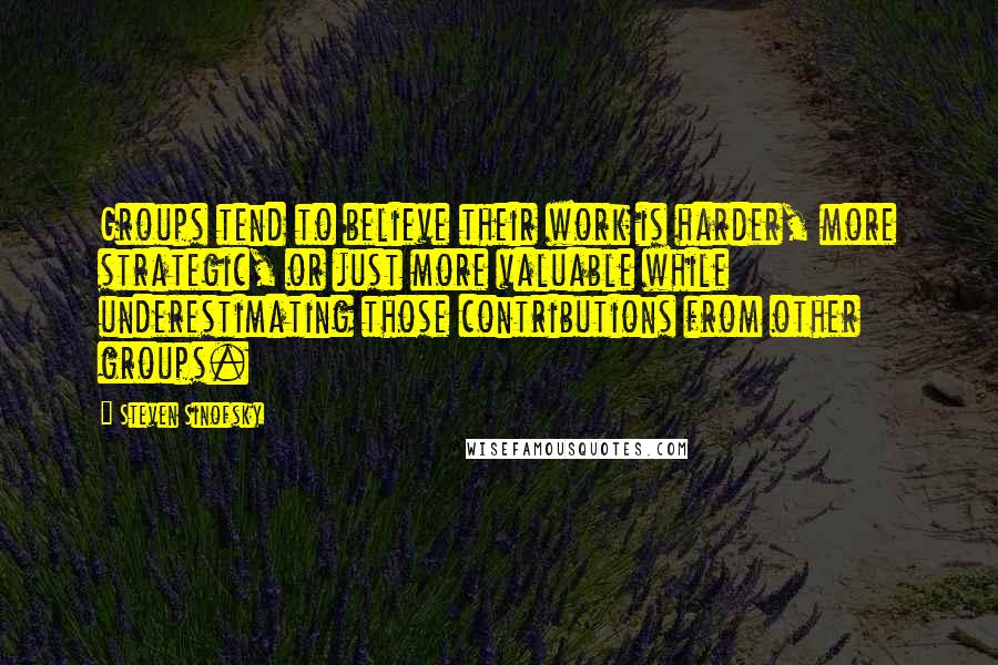 Steven Sinofsky Quotes: Groups tend to believe their work is harder, more strategic, or just more valuable while underestimating those contributions from other groups.