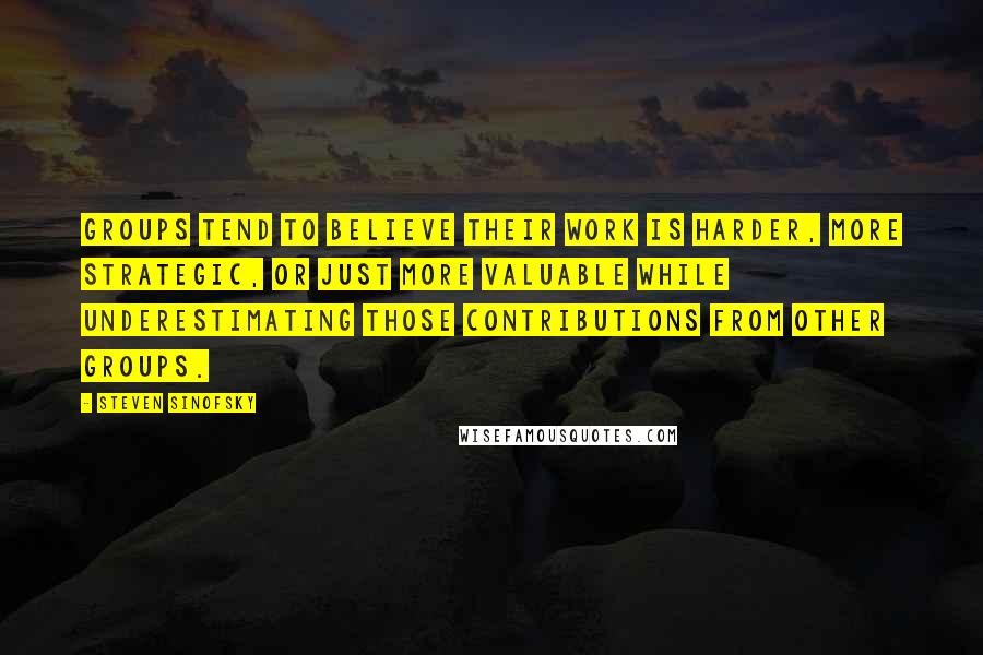 Steven Sinofsky Quotes: Groups tend to believe their work is harder, more strategic, or just more valuable while underestimating those contributions from other groups.