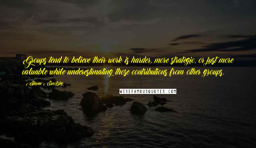 Steven Sinofsky Quotes: Groups tend to believe their work is harder, more strategic, or just more valuable while underestimating those contributions from other groups.