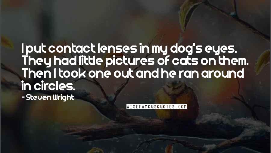Steven Wright Quotes: I put contact lenses in my dog's eyes. They had little pictures of cats on them. Then I took one out and he ran around in circles.