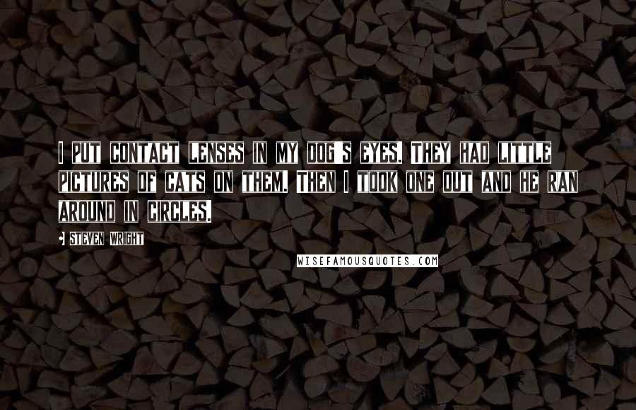 Steven Wright Quotes: I put contact lenses in my dog's eyes. They had little pictures of cats on them. Then I took one out and he ran around in circles.
