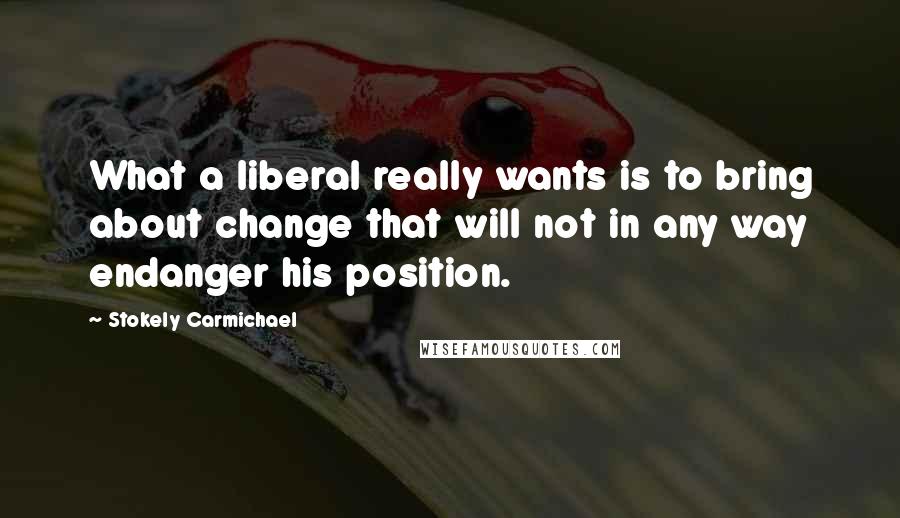 Stokely Carmichael Quotes: What a liberal really wants is to bring about change that will not in any way endanger his position.