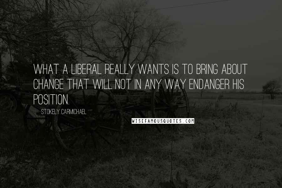 Stokely Carmichael Quotes: What a liberal really wants is to bring about change that will not in any way endanger his position.