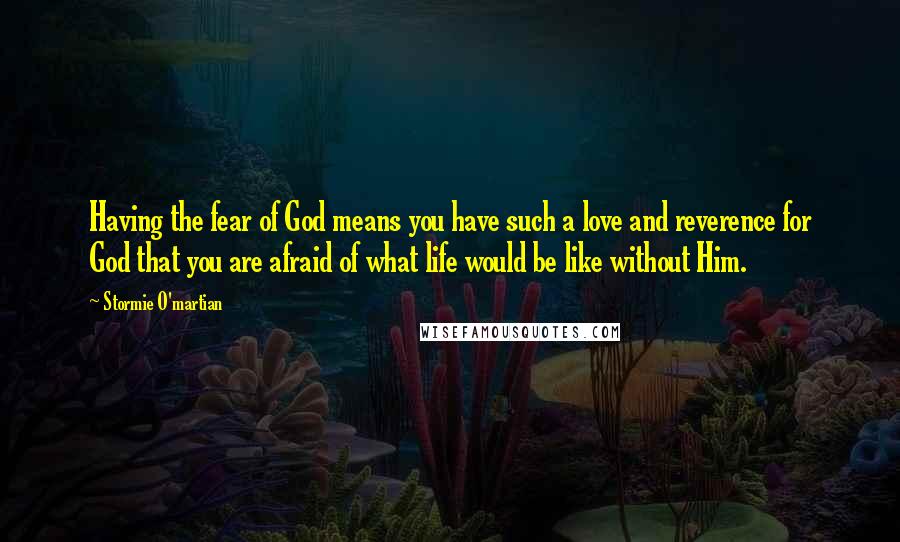 Stormie O'martian Quotes: Having the fear of God means you have such a love and reverence for God that you are afraid of what life would be like without Him.