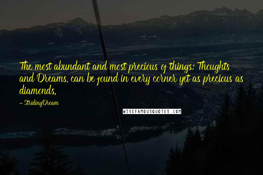 StridingDream Quotes: The most abundant and most precious of things: Thoughts and Dreams, can be found in every corner yet as precious as diamonds.