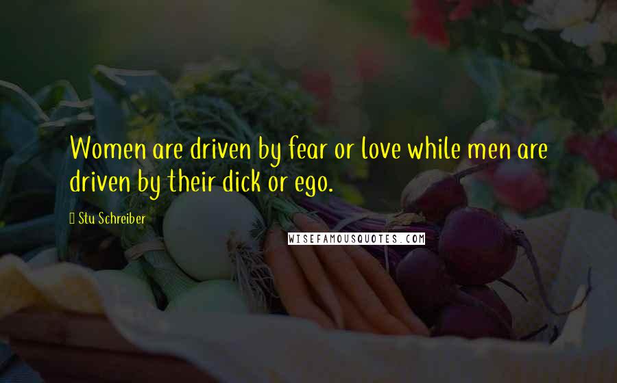 Stu Schreiber Quotes: Women are driven by fear or love while men are driven by their dick or ego.