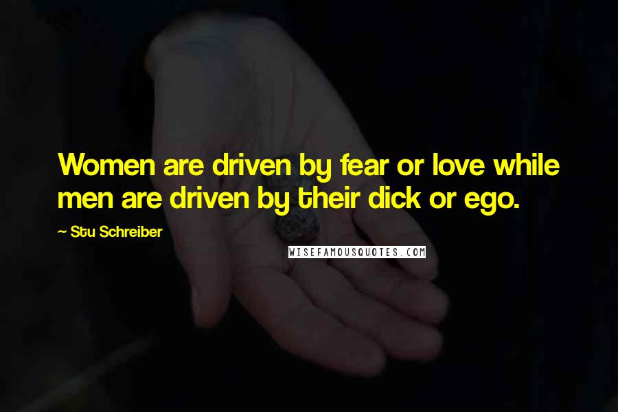 Stu Schreiber Quotes: Women are driven by fear or love while men are driven by their dick or ego.