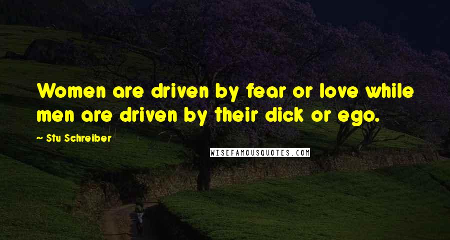 Stu Schreiber Quotes: Women are driven by fear or love while men are driven by their dick or ego.