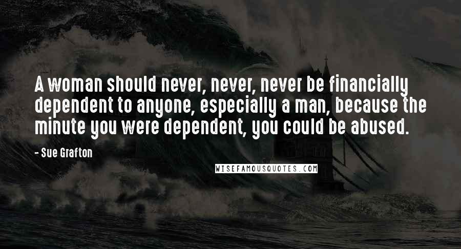 Sue Grafton Quotes: A woman should never, never, never be financially dependent to anyone, especially a man, because the minute you were dependent, you could be abused.
