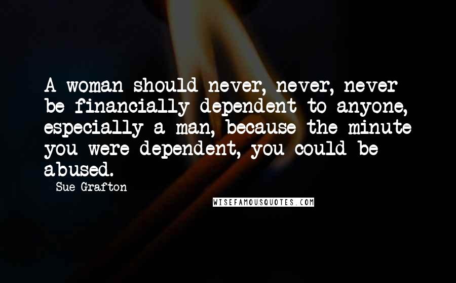 Sue Grafton Quotes: A woman should never, never, never be financially dependent to anyone, especially a man, because the minute you were dependent, you could be abused.