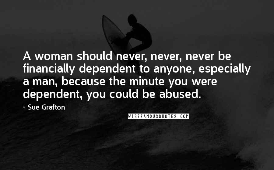 Sue Grafton Quotes: A woman should never, never, never be financially dependent to anyone, especially a man, because the minute you were dependent, you could be abused.