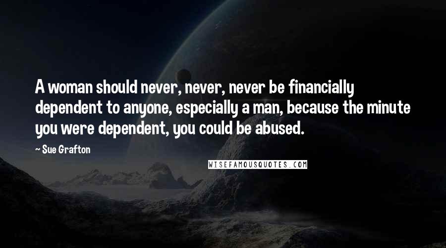 Sue Grafton Quotes: A woman should never, never, never be financially dependent to anyone, especially a man, because the minute you were dependent, you could be abused.