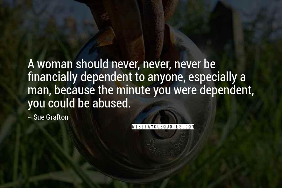Sue Grafton Quotes: A woman should never, never, never be financially dependent to anyone, especially a man, because the minute you were dependent, you could be abused.