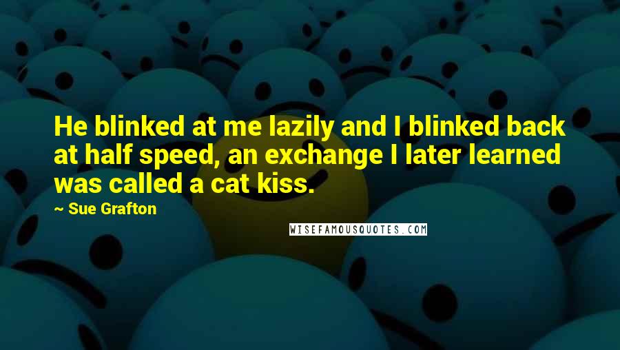 Sue Grafton Quotes: He blinked at me lazily and I blinked back at half speed, an exchange I later learned was called a cat kiss.
