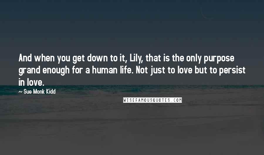 Sue Monk Kidd Quotes: And when you get down to it, Lily, that is the only purpose grand enough for a human life. Not just to love but to persist in love.