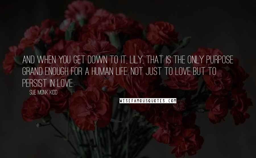 Sue Monk Kidd Quotes: And when you get down to it, Lily, that is the only purpose grand enough for a human life. Not just to love but to persist in love.