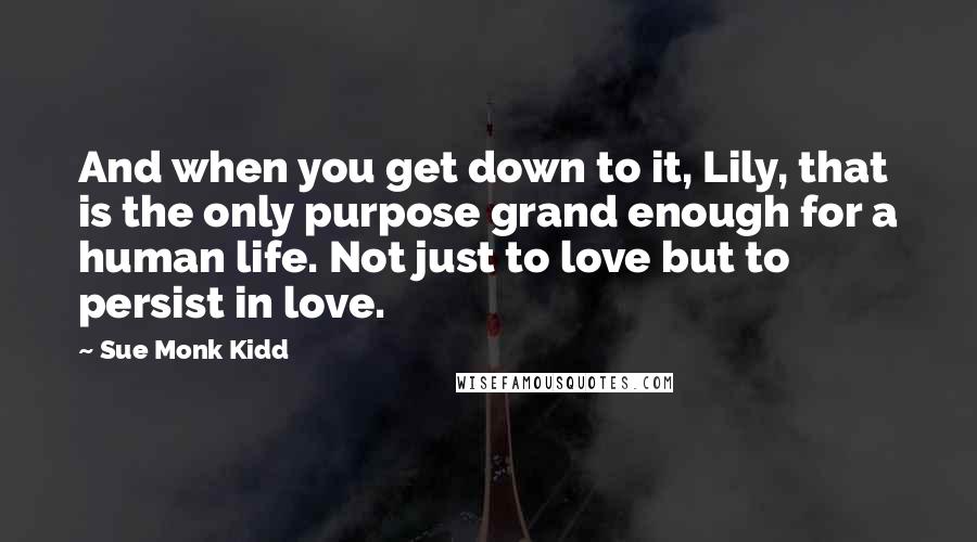 Sue Monk Kidd Quotes: And when you get down to it, Lily, that is the only purpose grand enough for a human life. Not just to love but to persist in love.