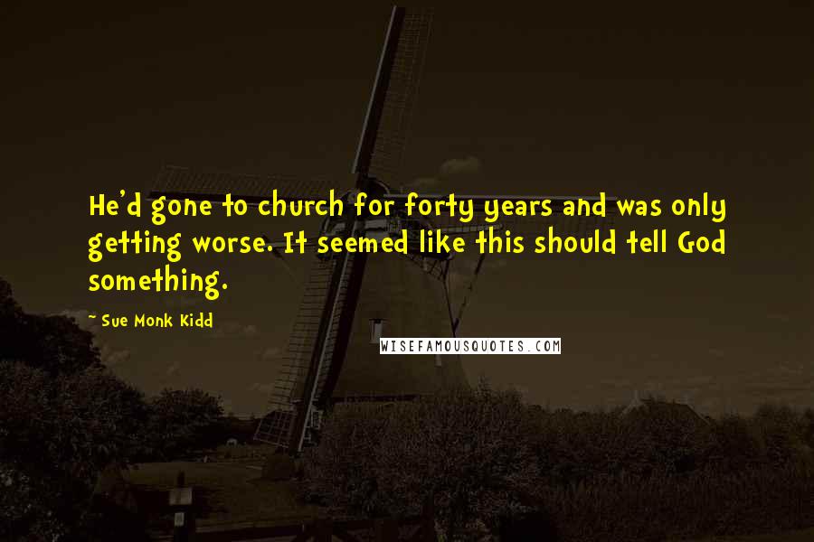 Sue Monk Kidd Quotes: He'd gone to church for forty years and was only getting worse. It seemed like this should tell God something.