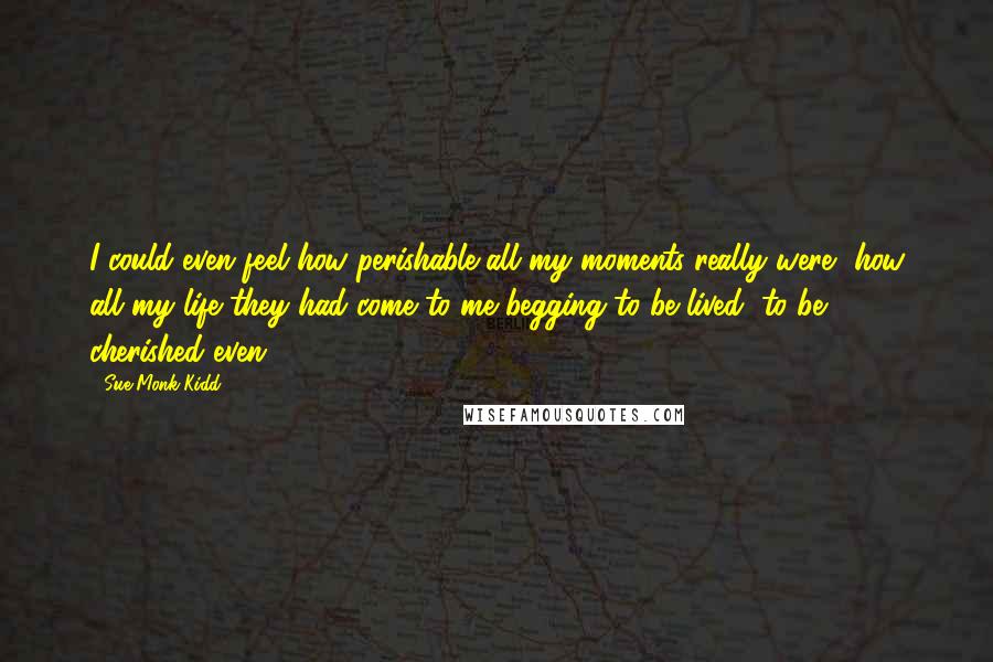 Sue Monk Kidd Quotes: I could even feel how perishable all my moments really were, how all my life they had come to me begging to be lived, to be cherished even.