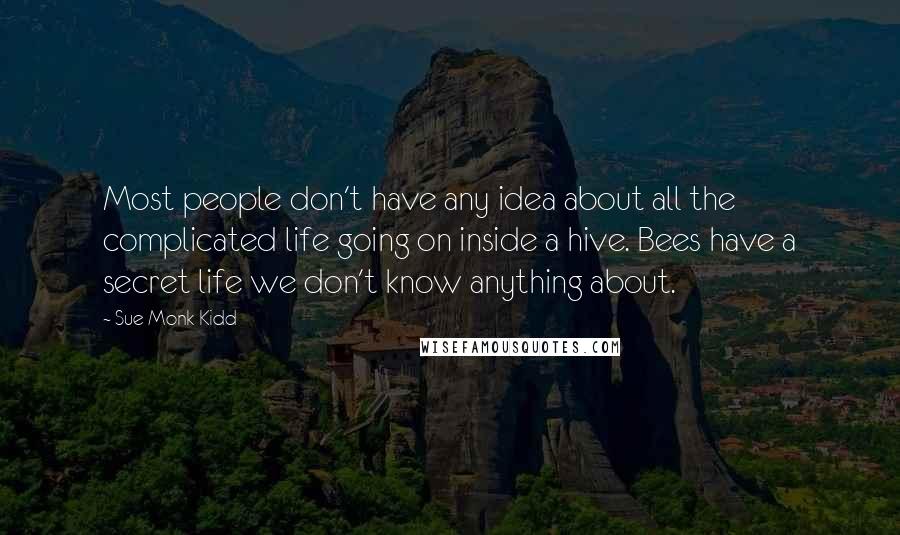 Sue Monk Kidd Quotes: Most people don't have any idea about all the complicated life going on inside a hive. Bees have a secret life we don't know anything about.