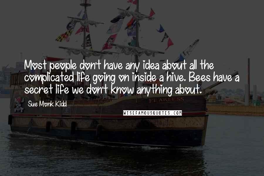 Sue Monk Kidd Quotes: Most people don't have any idea about all the complicated life going on inside a hive. Bees have a secret life we don't know anything about.