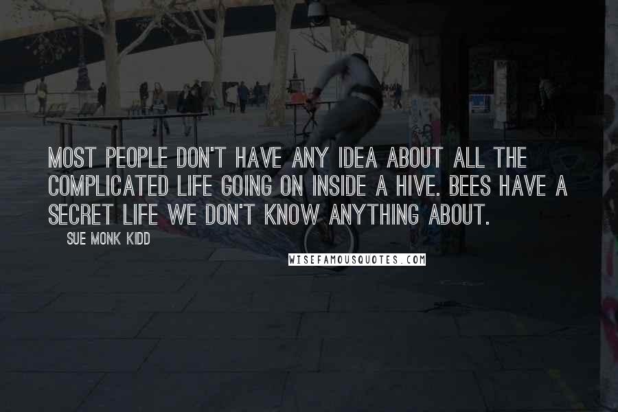 Sue Monk Kidd Quotes: Most people don't have any idea about all the complicated life going on inside a hive. Bees have a secret life we don't know anything about.
