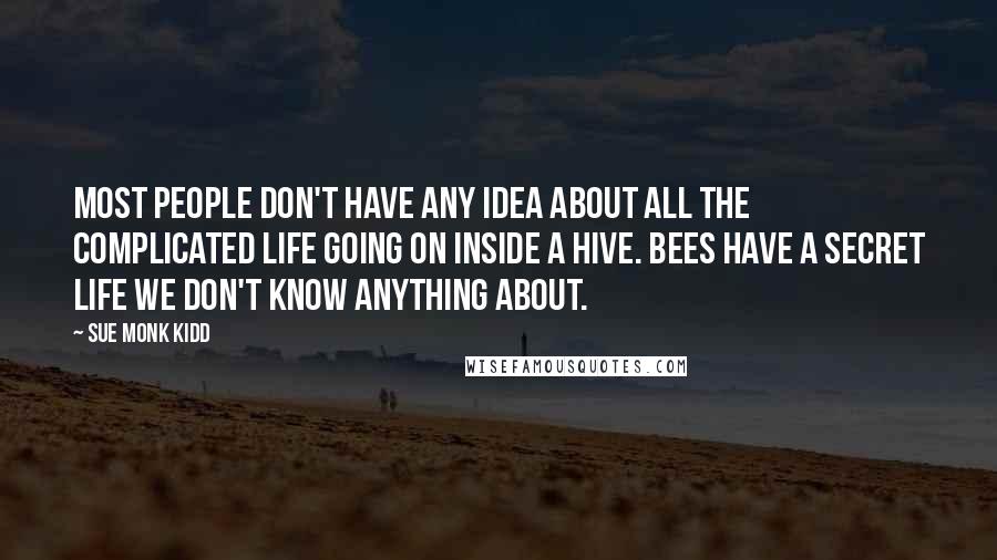 Sue Monk Kidd Quotes: Most people don't have any idea about all the complicated life going on inside a hive. Bees have a secret life we don't know anything about.