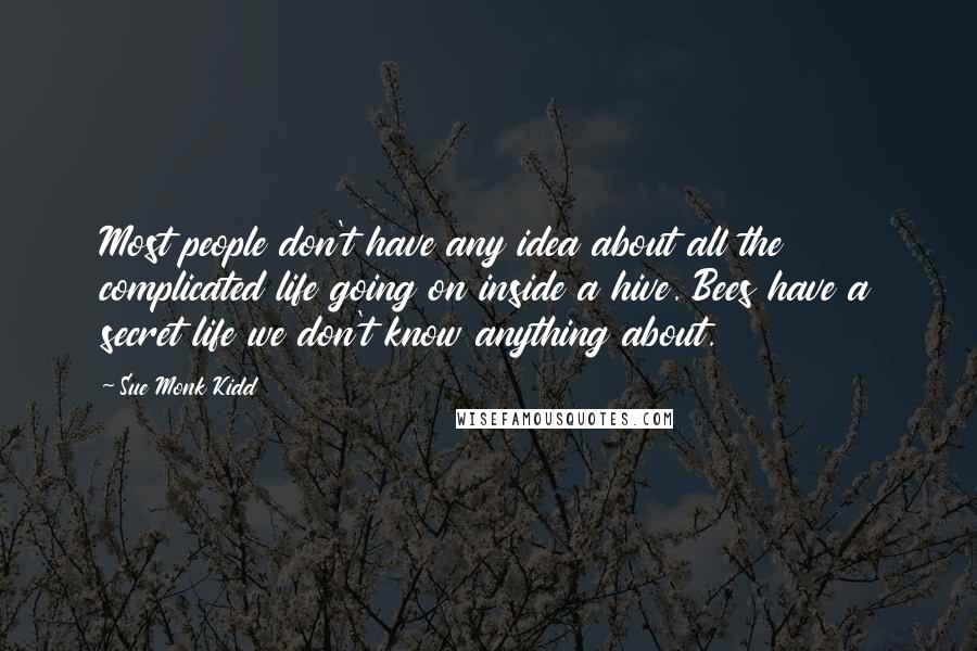 Sue Monk Kidd Quotes: Most people don't have any idea about all the complicated life going on inside a hive. Bees have a secret life we don't know anything about.