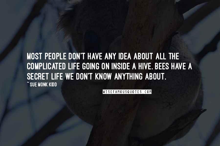 Sue Monk Kidd Quotes: Most people don't have any idea about all the complicated life going on inside a hive. Bees have a secret life we don't know anything about.