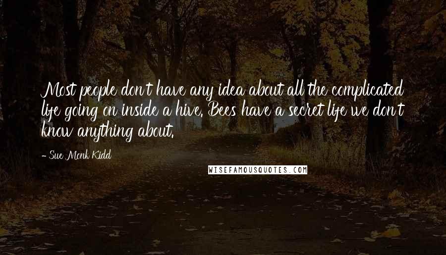 Sue Monk Kidd Quotes: Most people don't have any idea about all the complicated life going on inside a hive. Bees have a secret life we don't know anything about.