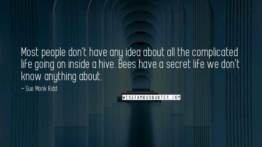 Sue Monk Kidd Quotes: Most people don't have any idea about all the complicated life going on inside a hive. Bees have a secret life we don't know anything about.