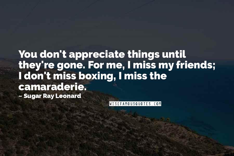Sugar Ray Leonard Quotes: You don't appreciate things until they're gone. For me, I miss my friends; I don't miss boxing, I miss the camaraderie.