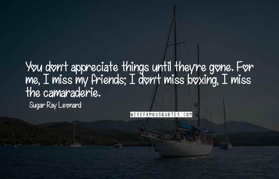 Sugar Ray Leonard Quotes: You don't appreciate things until they're gone. For me, I miss my friends; I don't miss boxing, I miss the camaraderie.