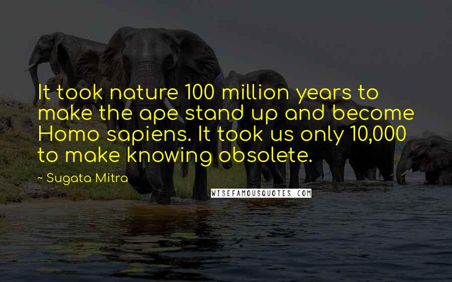 Sugata Mitra Quotes: It took nature 100 million years to make the ape stand up and become Homo sapiens. It took us only 10,000 to make knowing obsolete.