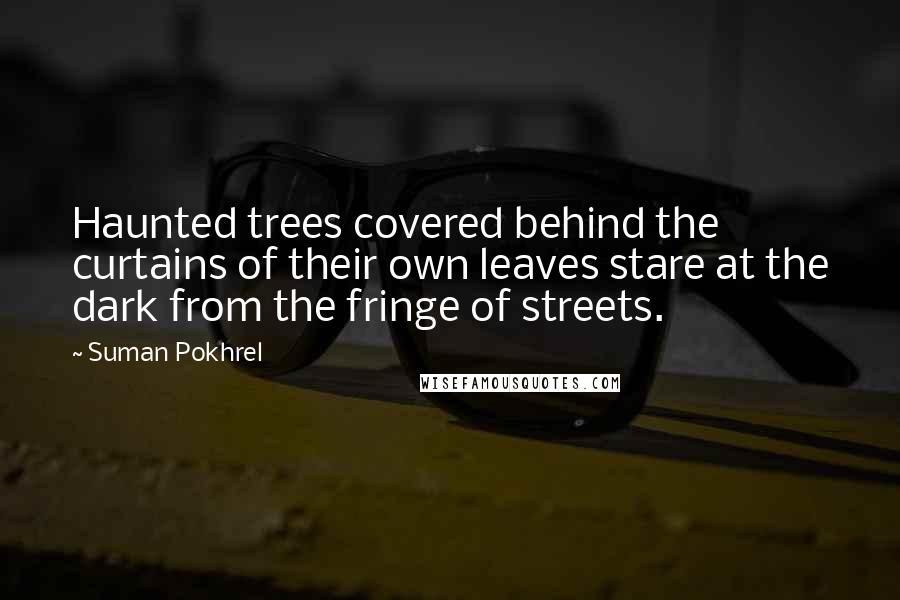 Suman Pokhrel Quotes: Haunted trees covered behind the curtains of their own leaves stare at the dark from the fringe of streets.