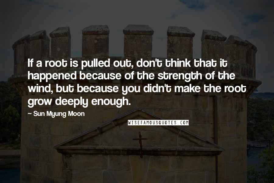 Sun Myung Moon Quotes: If a root is pulled out, don't think that it happened because of the strength of the wind, but because you didn't make the root grow deeply enough.