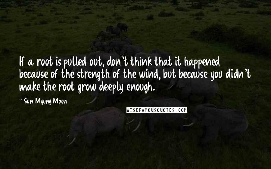 Sun Myung Moon Quotes: If a root is pulled out, don't think that it happened because of the strength of the wind, but because you didn't make the root grow deeply enough.