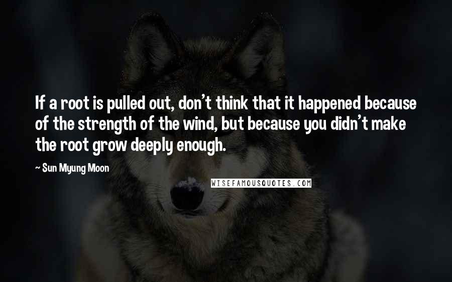 Sun Myung Moon Quotes: If a root is pulled out, don't think that it happened because of the strength of the wind, but because you didn't make the root grow deeply enough.