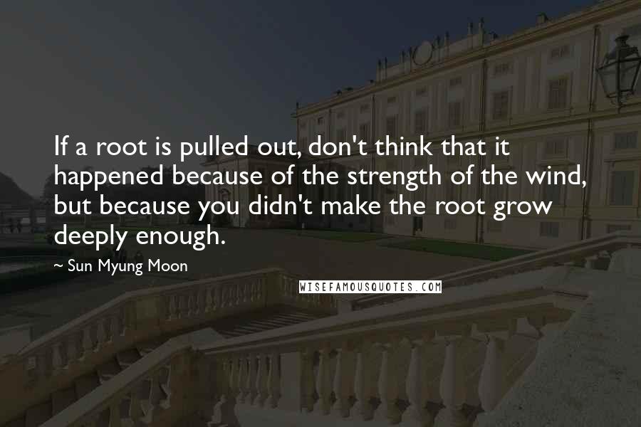 Sun Myung Moon Quotes: If a root is pulled out, don't think that it happened because of the strength of the wind, but because you didn't make the root grow deeply enough.