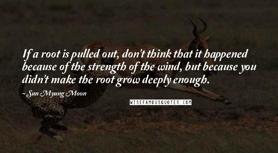 Sun Myung Moon Quotes: If a root is pulled out, don't think that it happened because of the strength of the wind, but because you didn't make the root grow deeply enough.