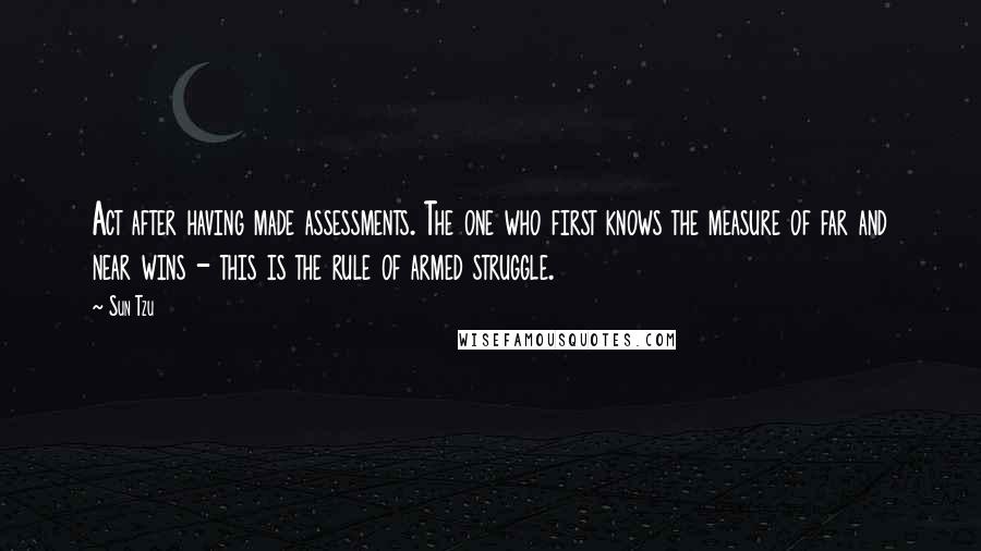 Sun Tzu Quotes: Act after having made assessments. The one who first knows the measure of far and near wins - this is the rule of armed struggle.
