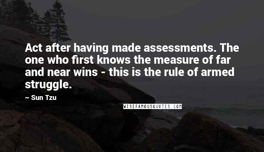 Sun Tzu Quotes: Act after having made assessments. The one who first knows the measure of far and near wins - this is the rule of armed struggle.
